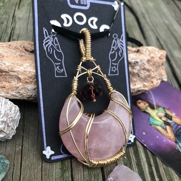 Wire Wrapped Rose Quartz Crescent Moon Crystal Necklace - Picture 9 of 14